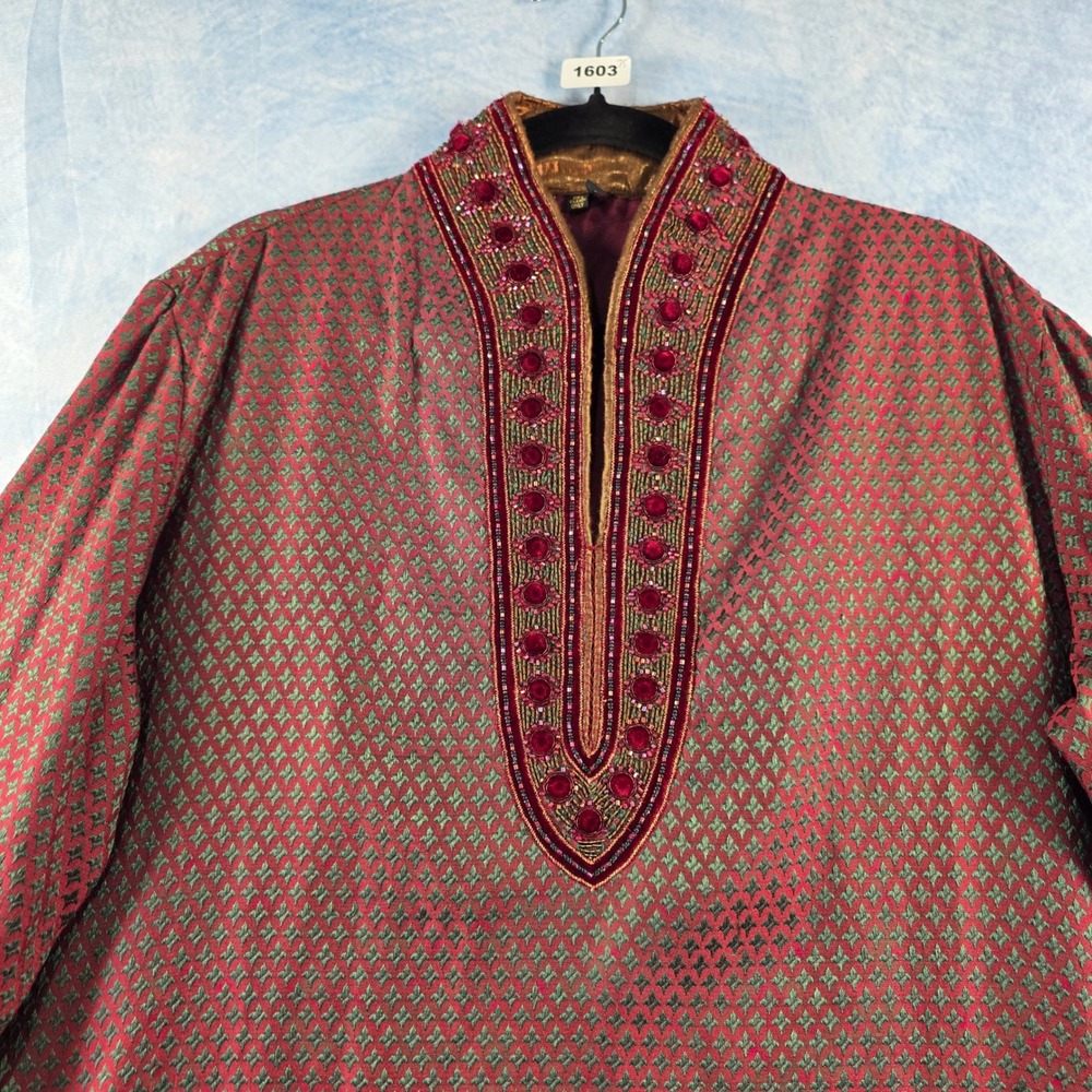 Mens Red Green Woven Kurta Tunic Embroidered Velvet Beadwork Traditional 105 - Picture 6 of 13